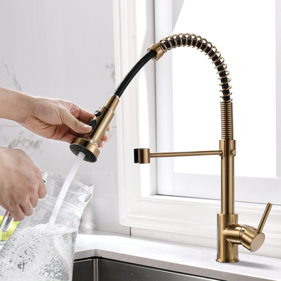 MAX Faucets | Pull-Down Spiral Flexible Kitchen Faucet – 16.5" Brushed Gold Finish