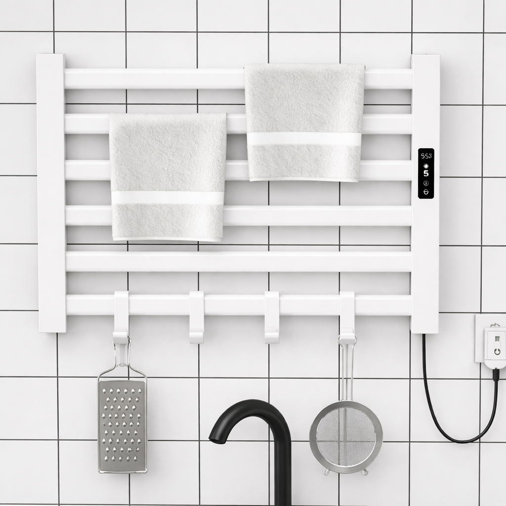 Close-up of digital control panel on white MAX Faucets electric towel warmer rack
