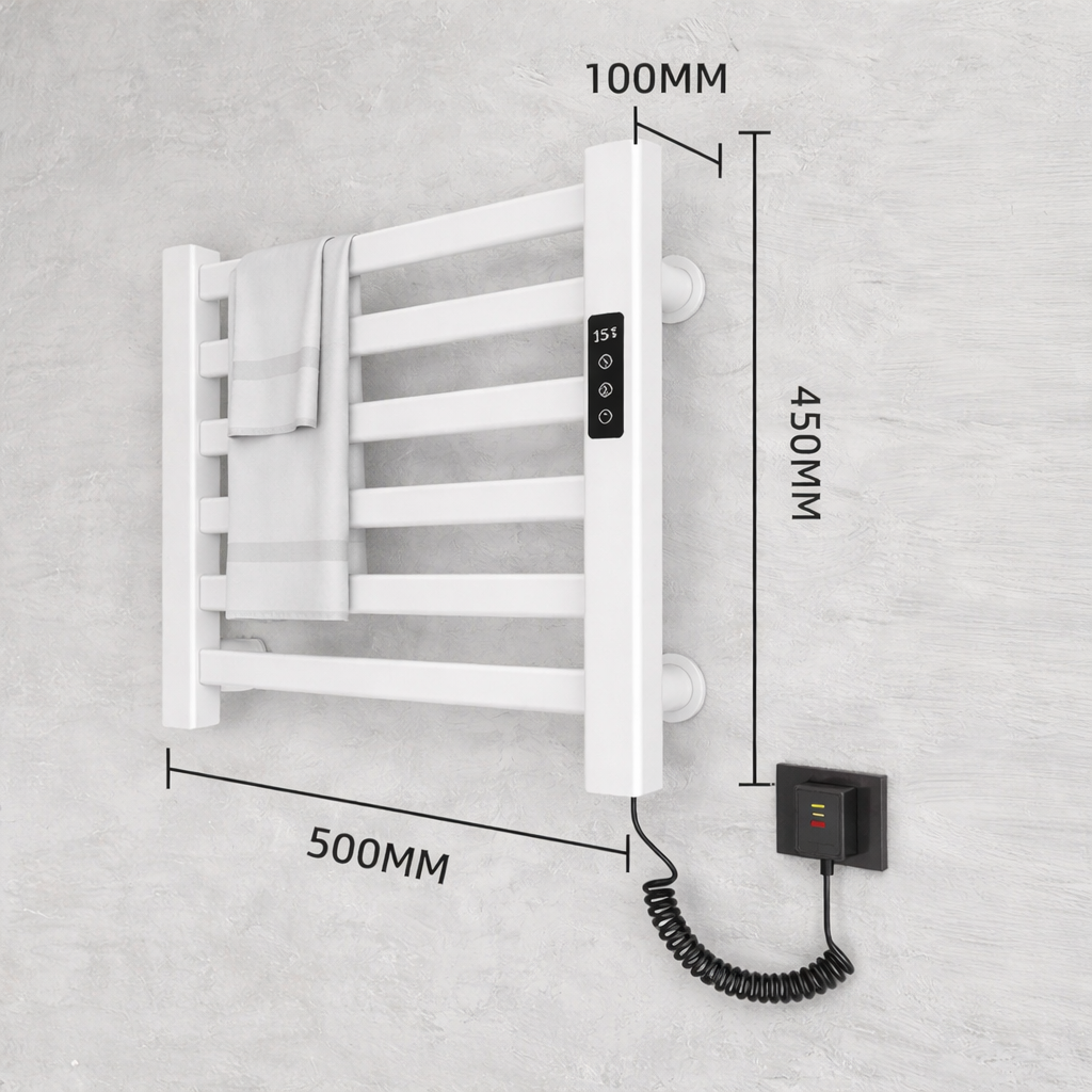 Dimensions of MAX Faucets electric towel warmer rack showing 500x450 mm size and wall-mounted structure
