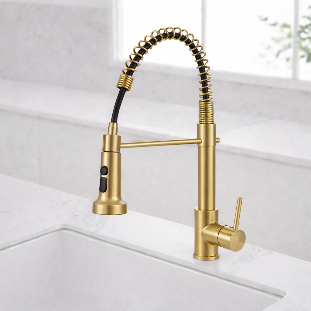 MAX Faucets Brushed gold pull-down kitchen faucet with high arc spring spout