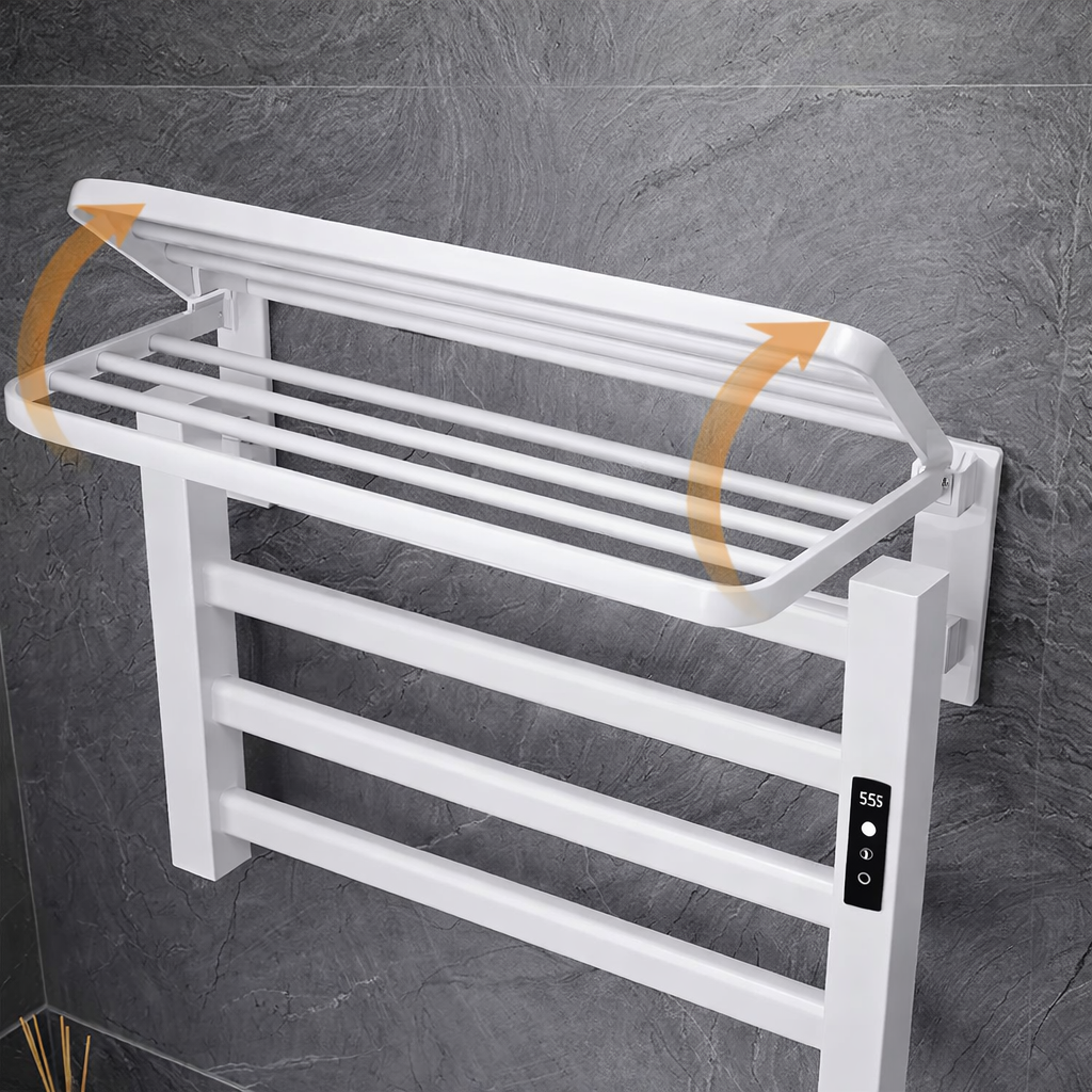 Wall mounted electric towel warmer rack in modern bathroom with towels