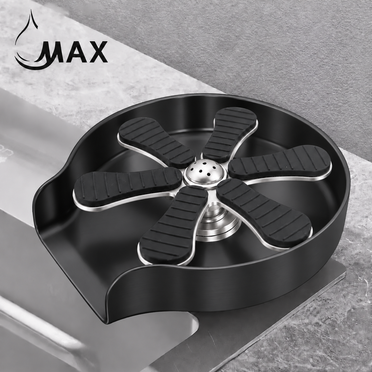 Side view of MAX Faucets matte black metal glass rinser