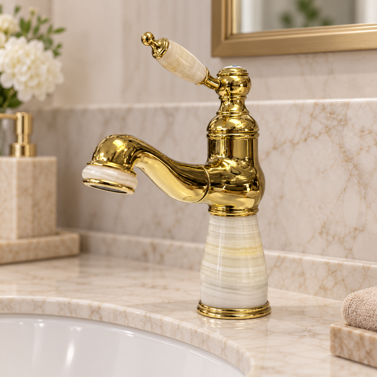 gold-marble-pull-out-bathroom-faucet-running-water