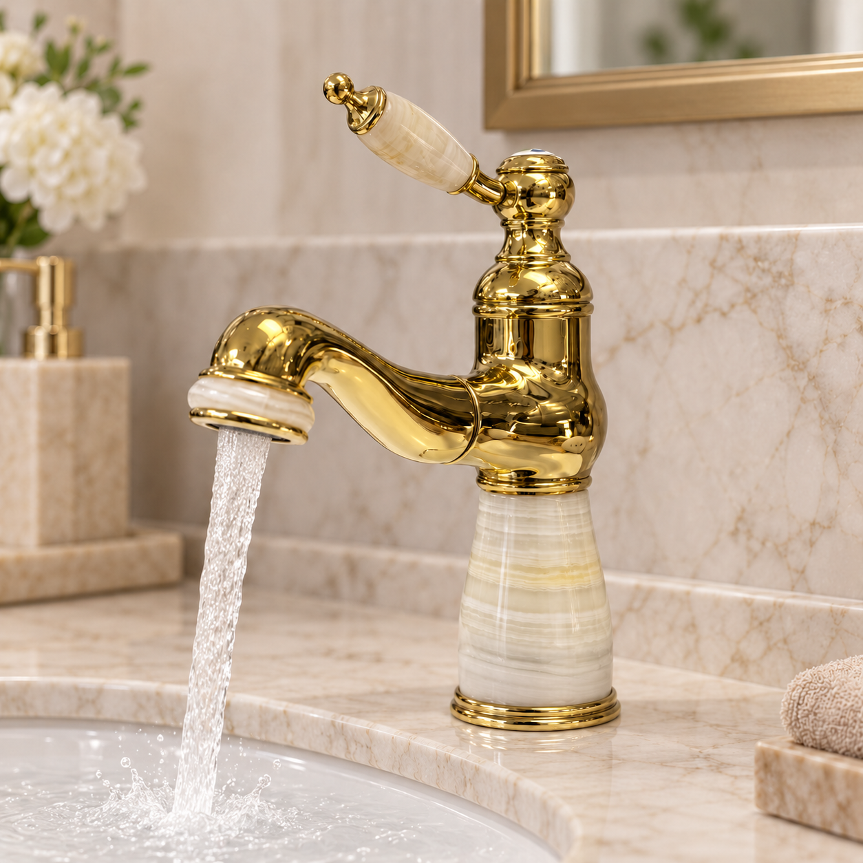 gold-marble-pull-out-bathroom-faucet-running-water