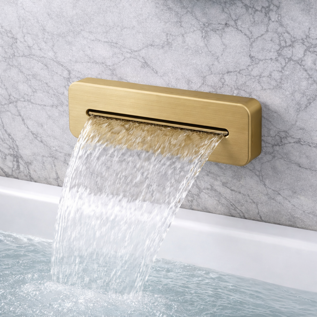 High flow brushed gold water spout integrated into ceiling mounted shower system