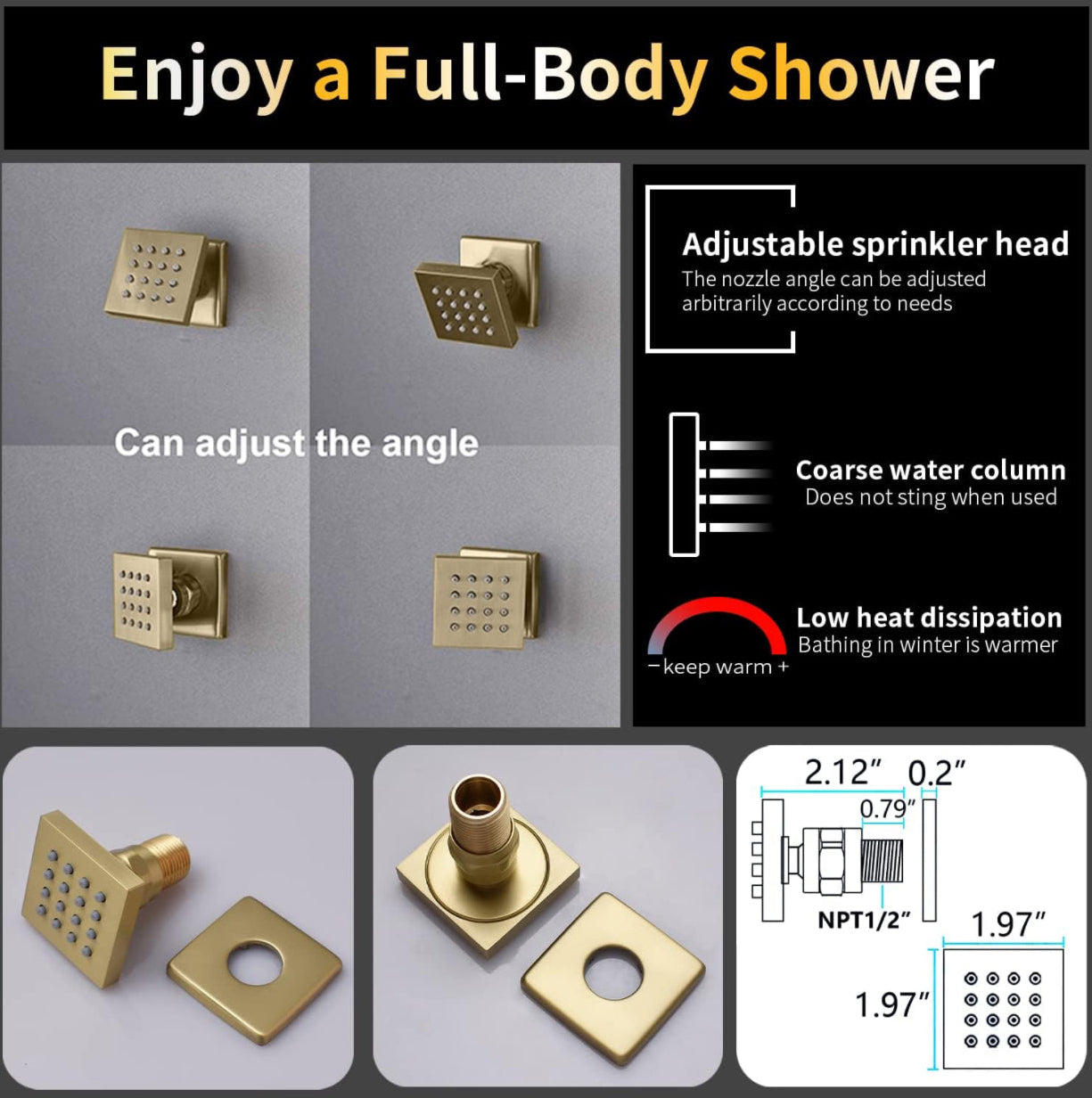 High pressure body jets for luxury brushed gold thermostatic shower system
