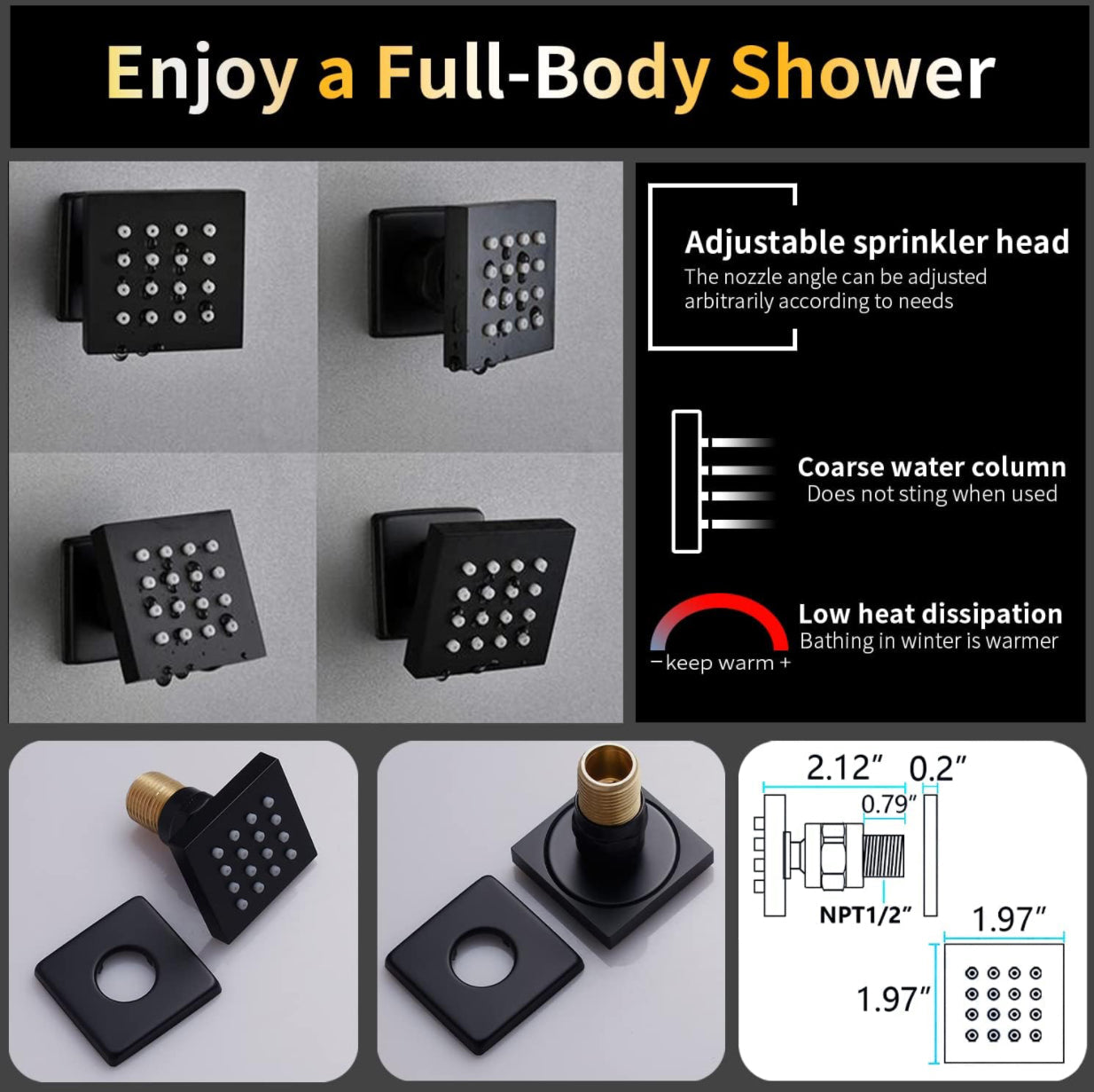 High pressure body jets for luxury matte black thermostatic shower system