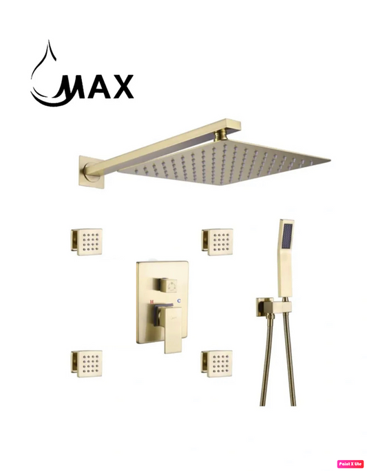 Wall Mounted Shower System Set Three Functions With 4 Body Jets and Pressure Balance Valve Brushed Gold Finish
