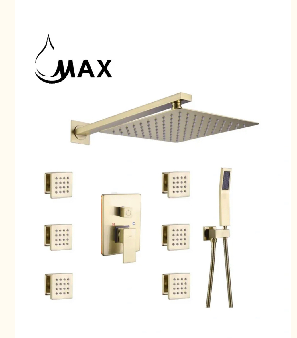 Wall Shower System Set Three Functions With 6 Body Jets In Brushed Gold Finish