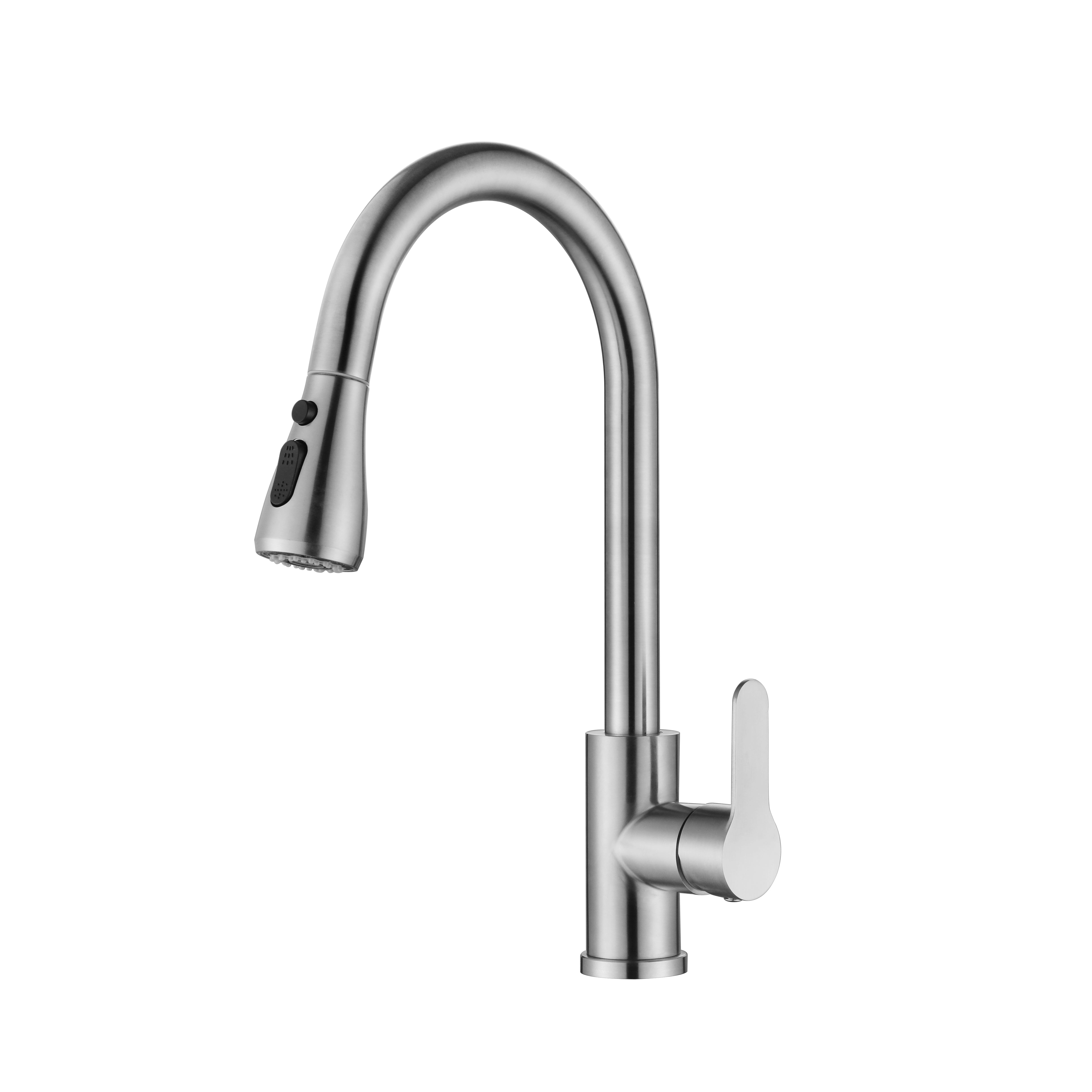 Complete brushed nickel kitchen faucet set with hoses and installation parts