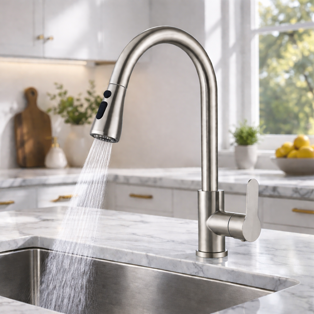 Single handle pull-out kitchen faucet 16 inch brushed nickel finish