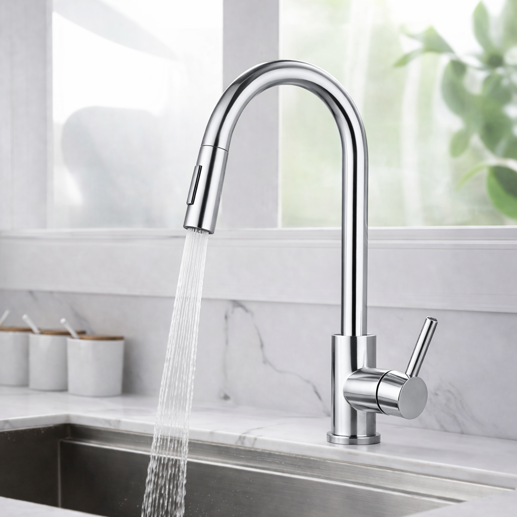 Pull-out kitchen faucet 16 inch high arc chrome finish