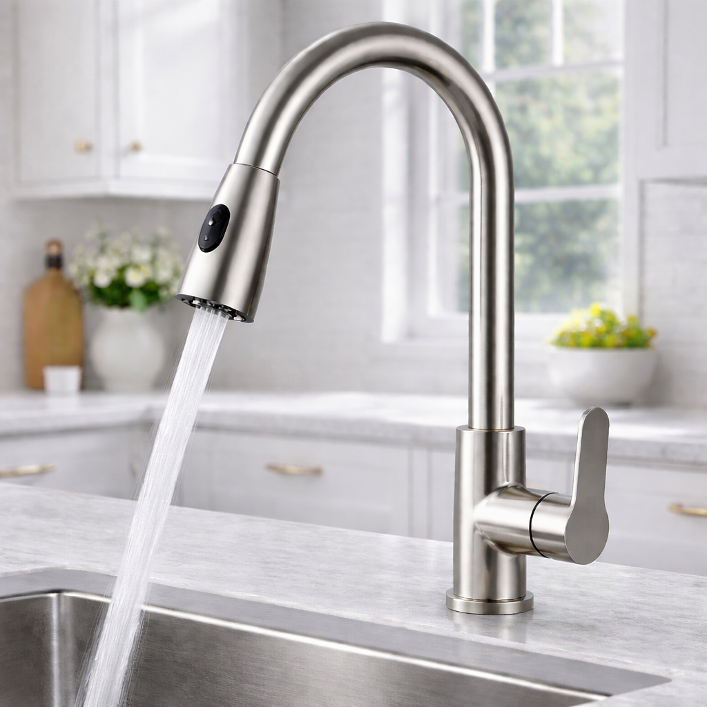 Pull-out kitchen faucet with steady stream water flowing into sink