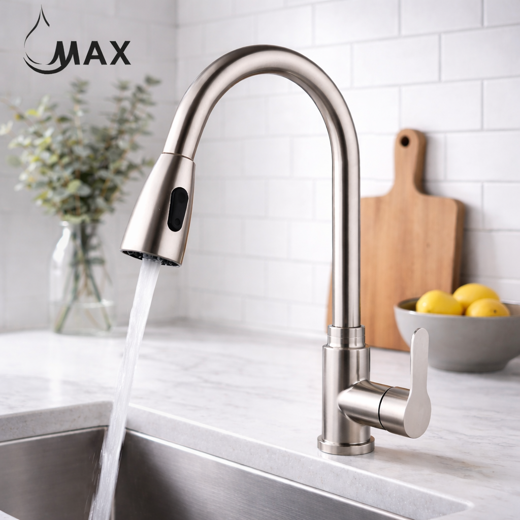 Kitchen faucet in brushed nickel with stream water mode flowing