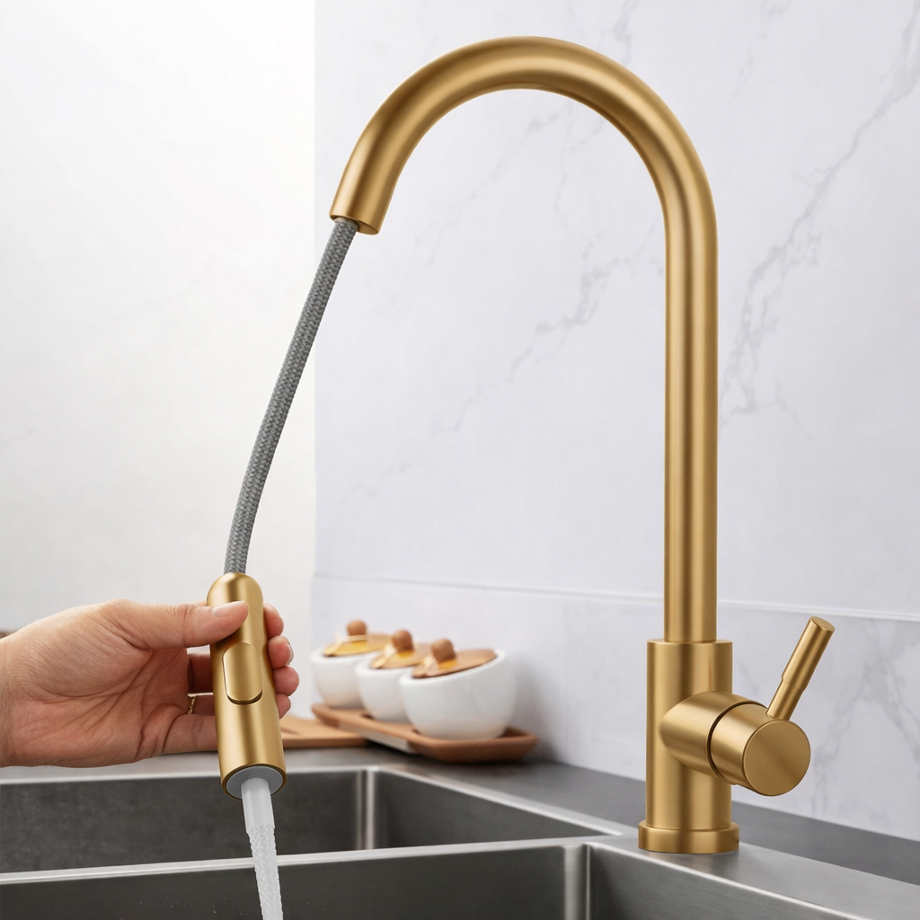 Pull-out kitchen faucet with steady stream water flowing into sink