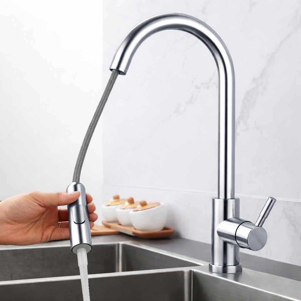 Pull-out kitchen faucet with steady stream water flowing into sink