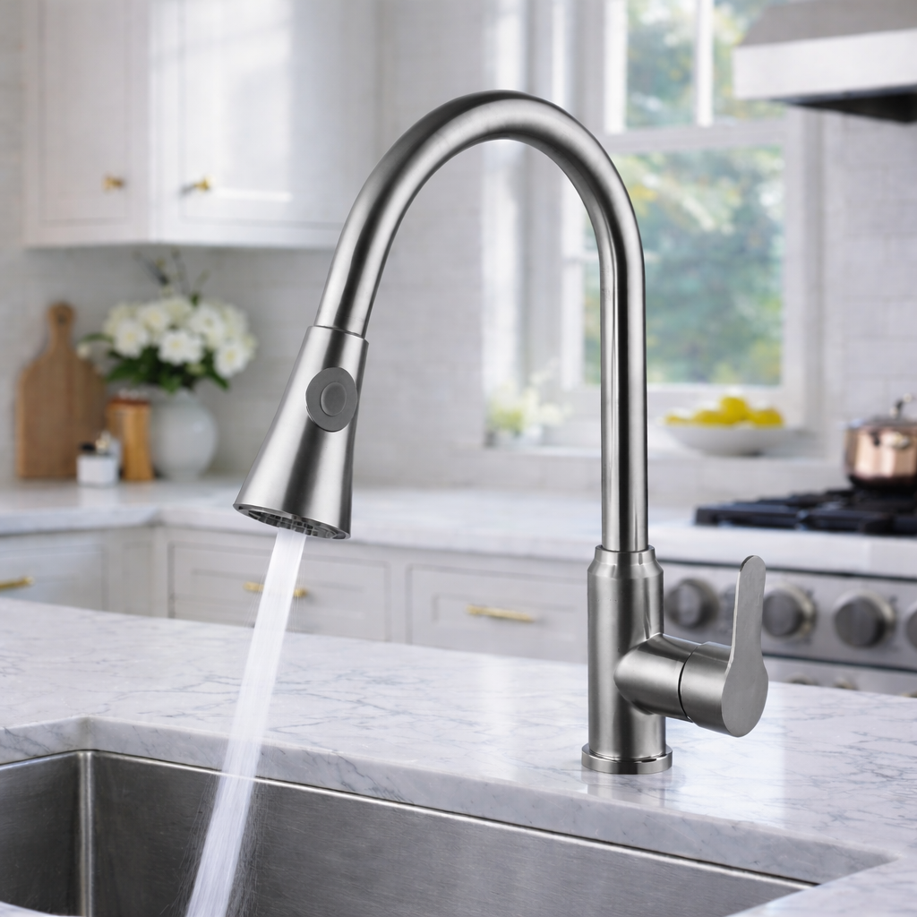 Kitchen faucet with steady stream water mode into sink