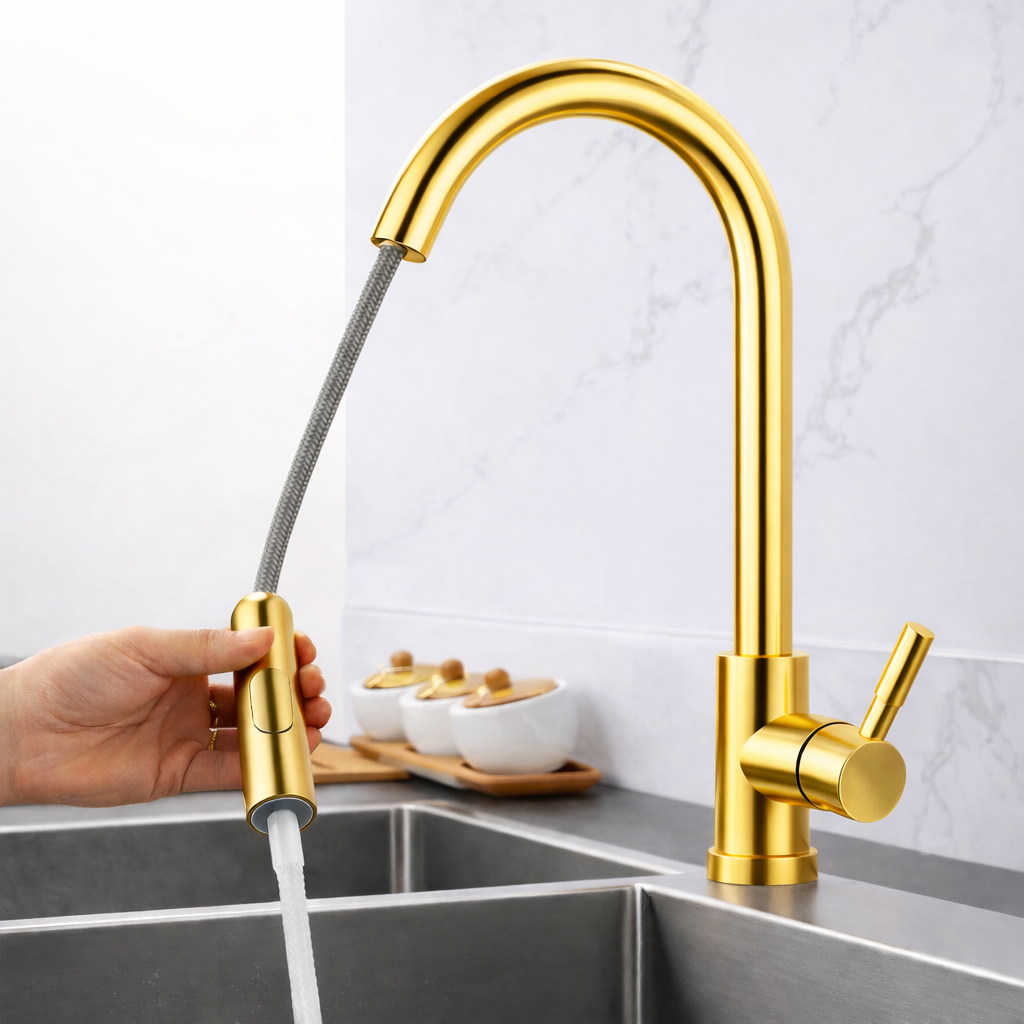 Pull-out kitchen faucet with steady stream water flowing into sink