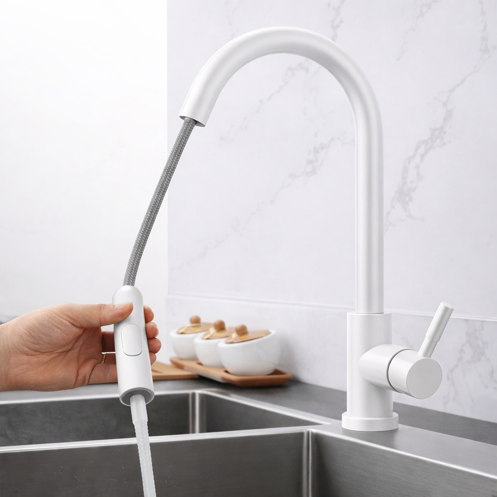 Kitchen faucet with stream water flowing into sink