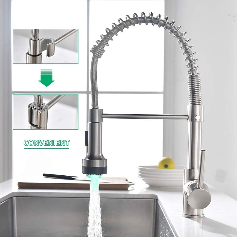LED kitchen faucet green light indicating warm water temperature