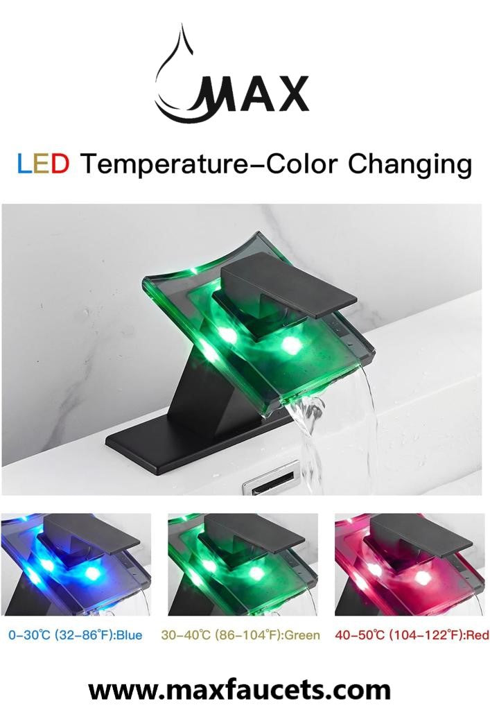 LED temperature-color changing faucet with MAX branding on a white background