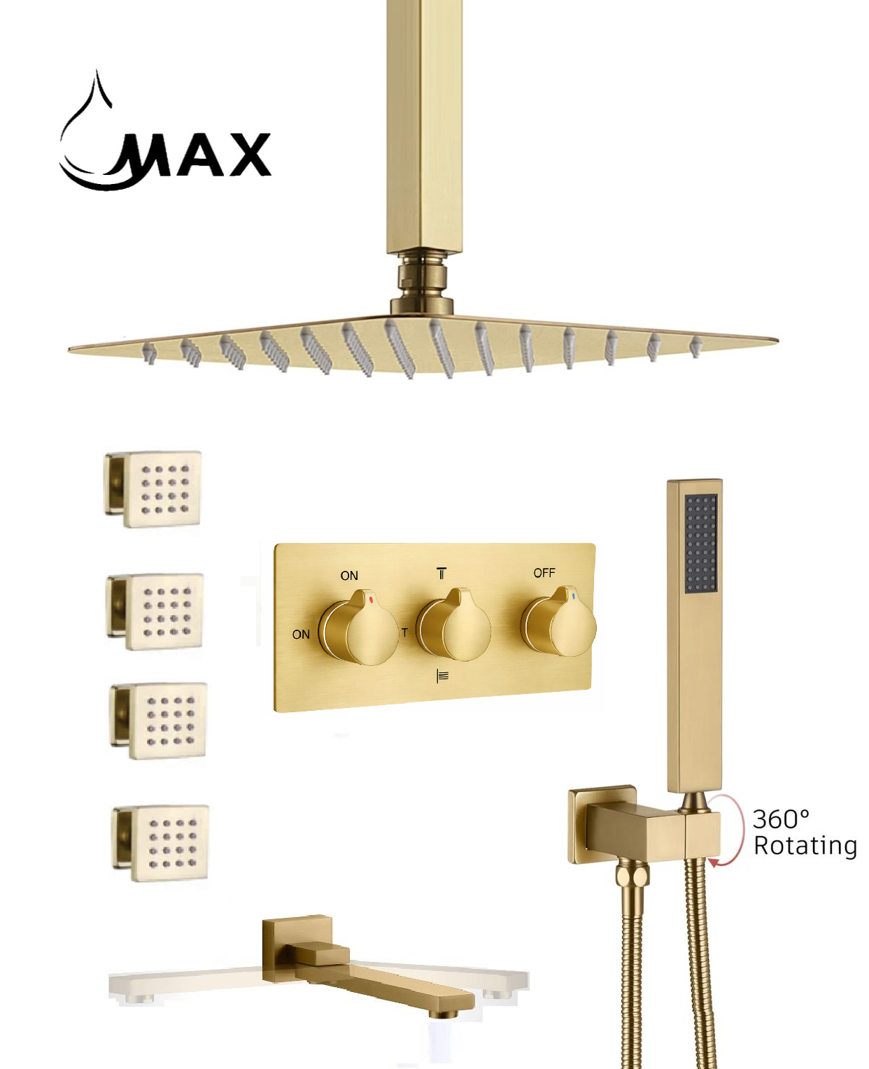 MAX Faucets Luxury brushed gold ceiling rainfall shower system with body jets 