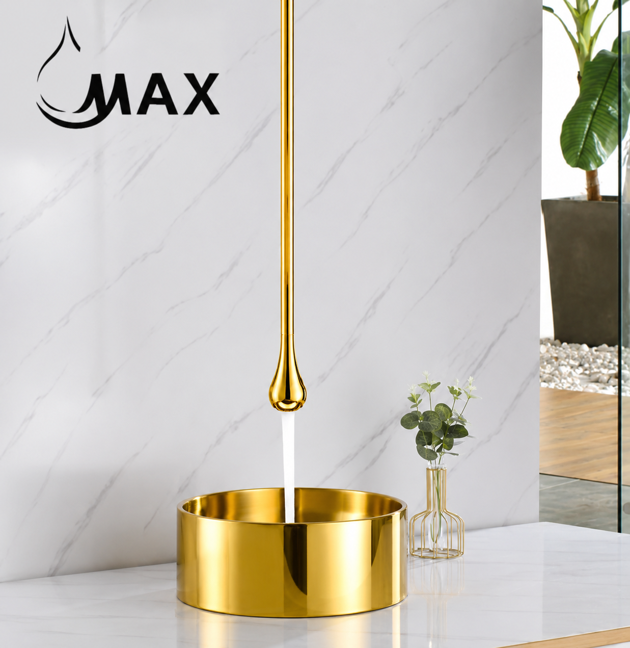 Shiny Gold ceiling-mounted touchless bathroom faucet installed above vessel sink