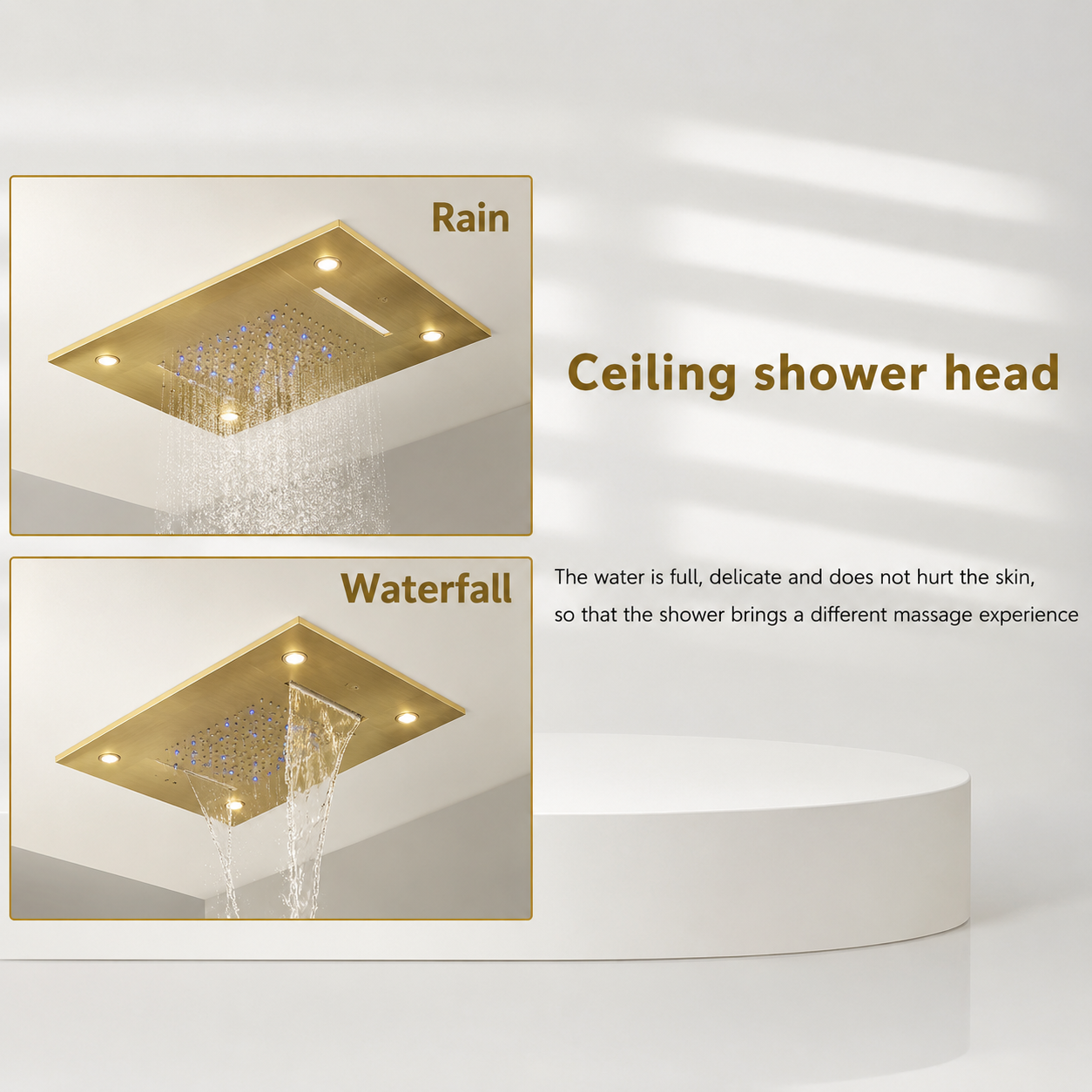 20" x 14" LED Ceiling-Mounted Rainfall & Waterfall Shower Head with Remote Control – Brushed Gold