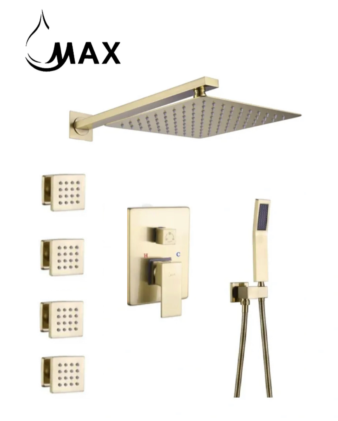 Luxury bathroom featuring MAX Faucets brushed gold shower system