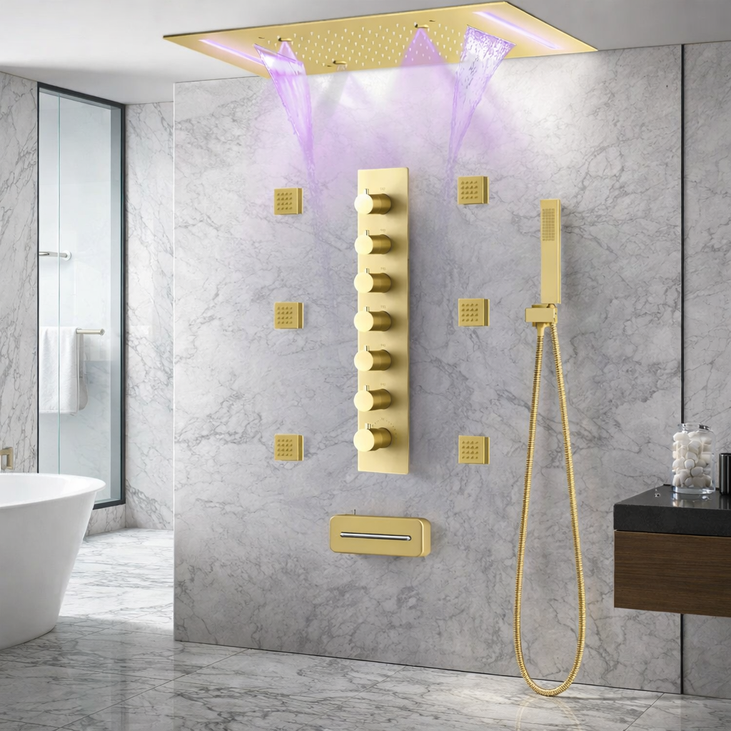 Modern bathroom featuring MAX Faucets Brushed gold LED rainfall shower system with body jets