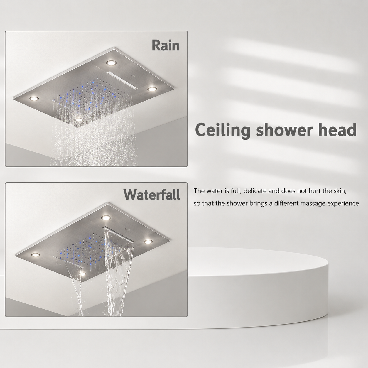 Two views of a ceiling shower head labeled 'Rain' and 'Waterfall' with water droplets shown.
