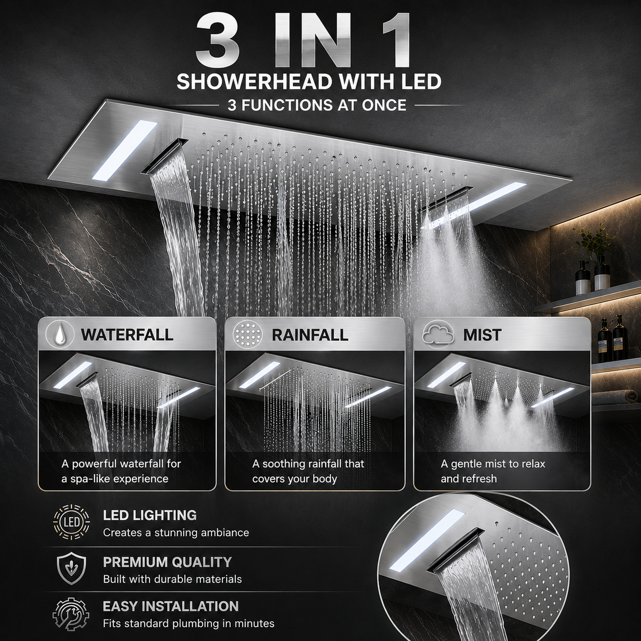 3-in-1 showerhead with LED lighting and multiple functions on a dark background