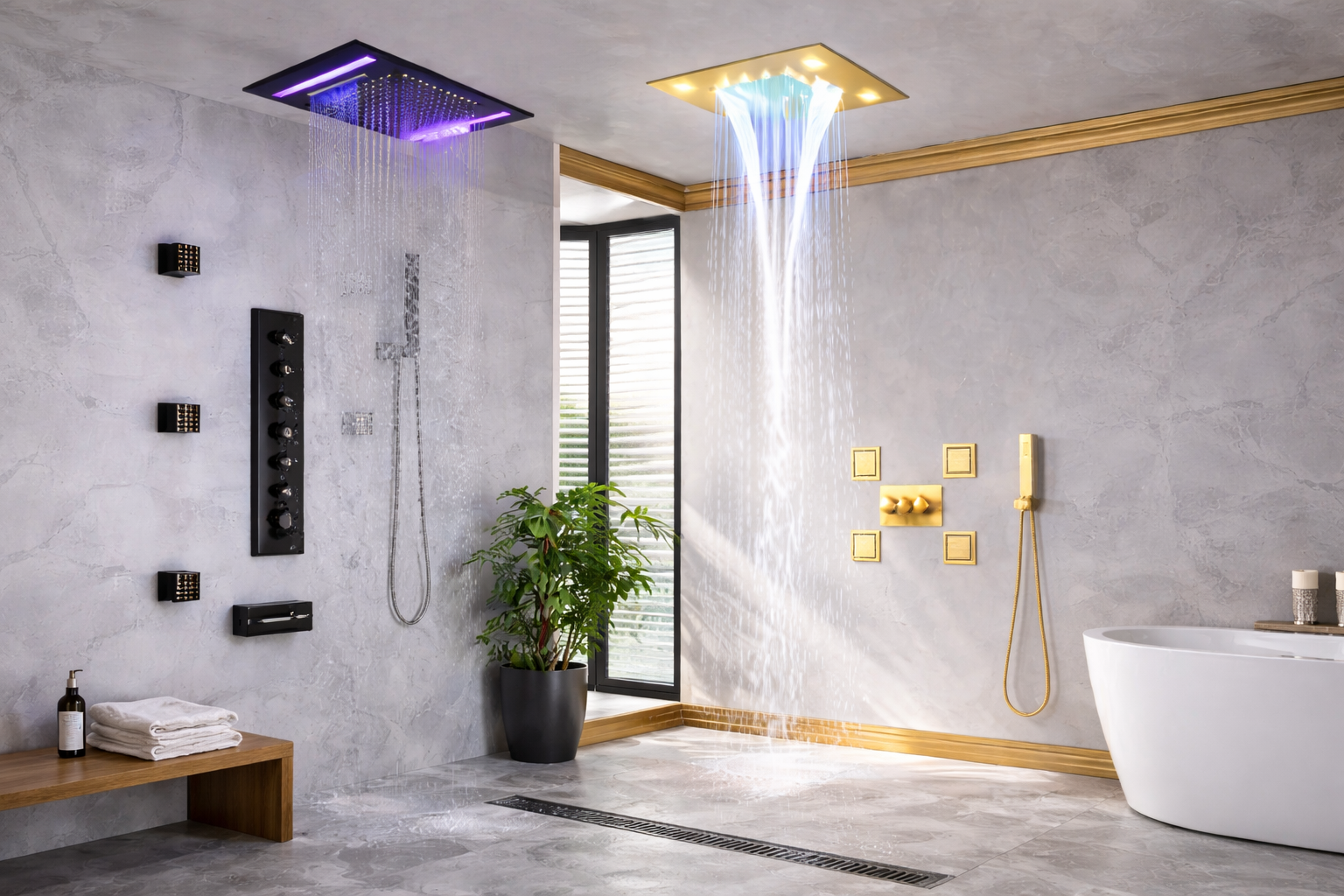 Luxury shower system with rainfall shower head, handheld shower, and body jets for modern bathroom