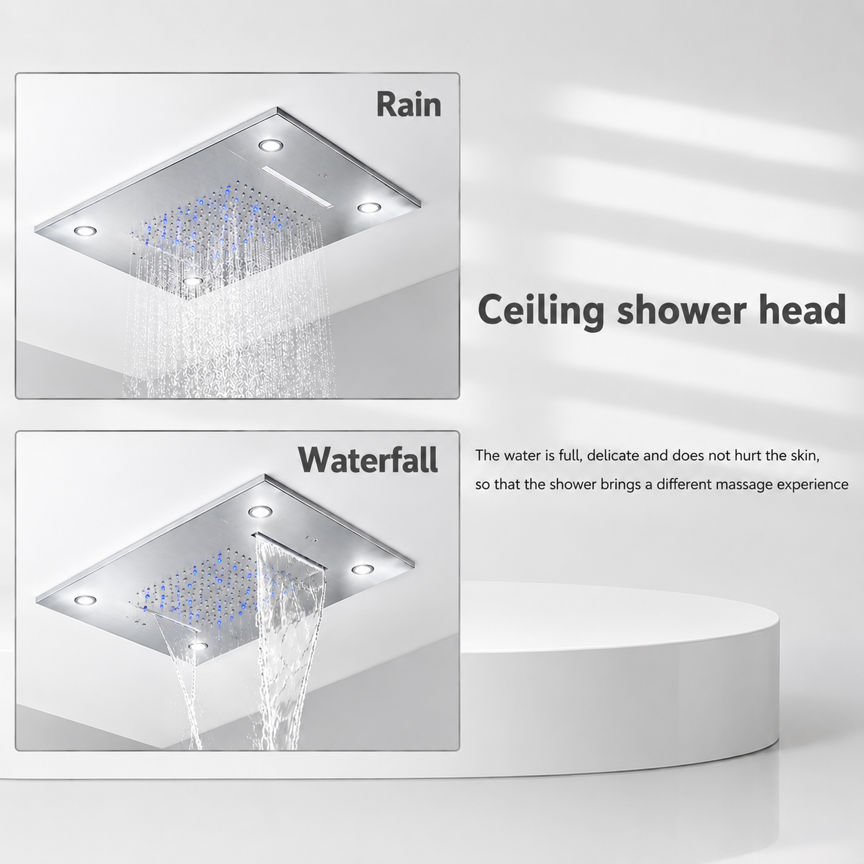 Ceiling shower head with rain and waterfall functions on a white background