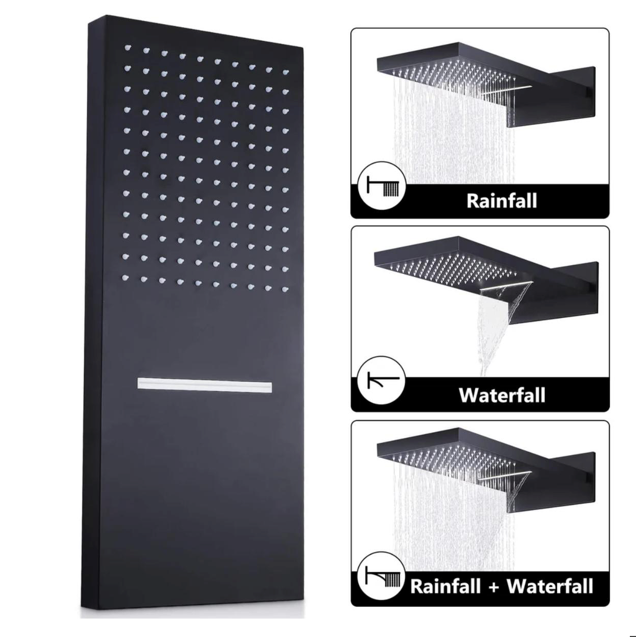 Luxury bathroom featuring MAX Faucets matte black thermostatic shower system with waterfall and rainfall shower functions