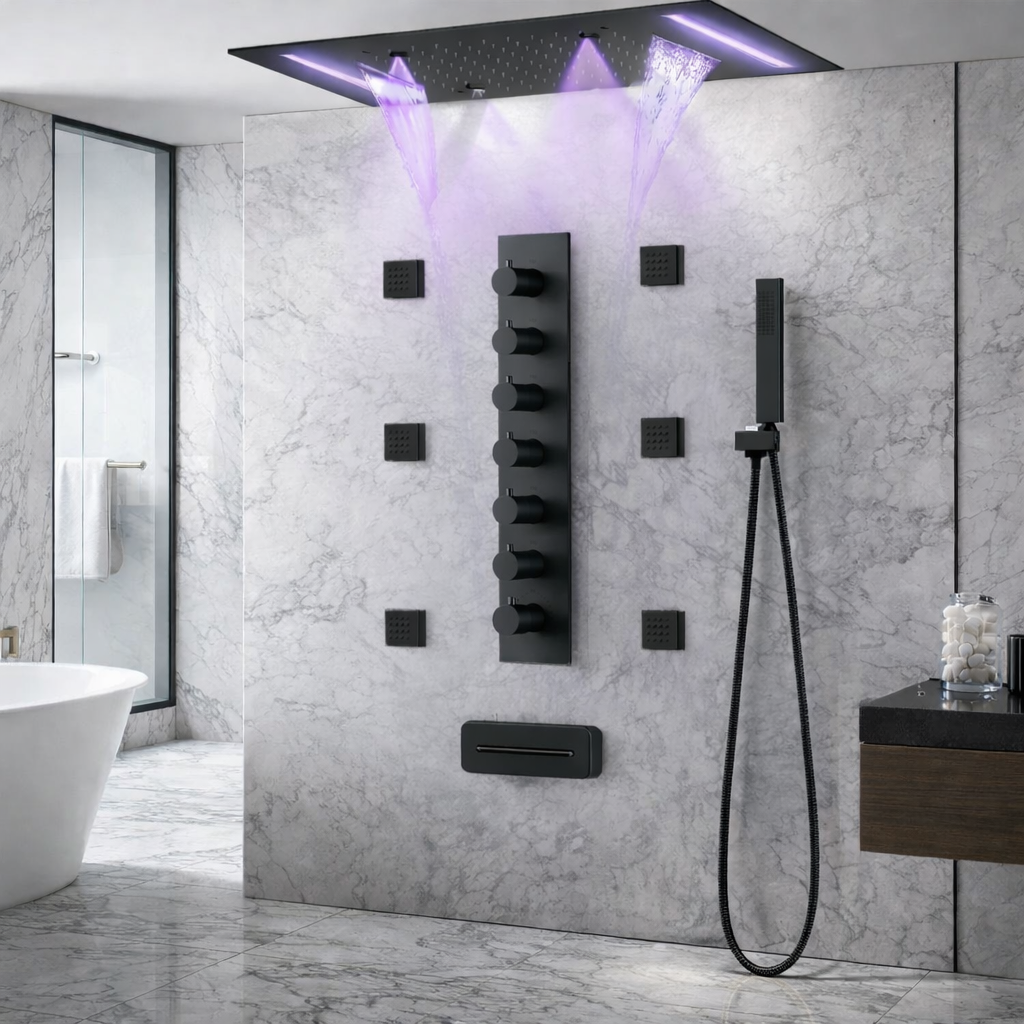 Luxury matte black thermostatic shower system with LED rainfall waterfall mist shower head and 6 body jets