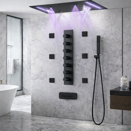 Luxury matte black thermostatic shower system with LED rainfall waterfall mist shower head and 6 body jets