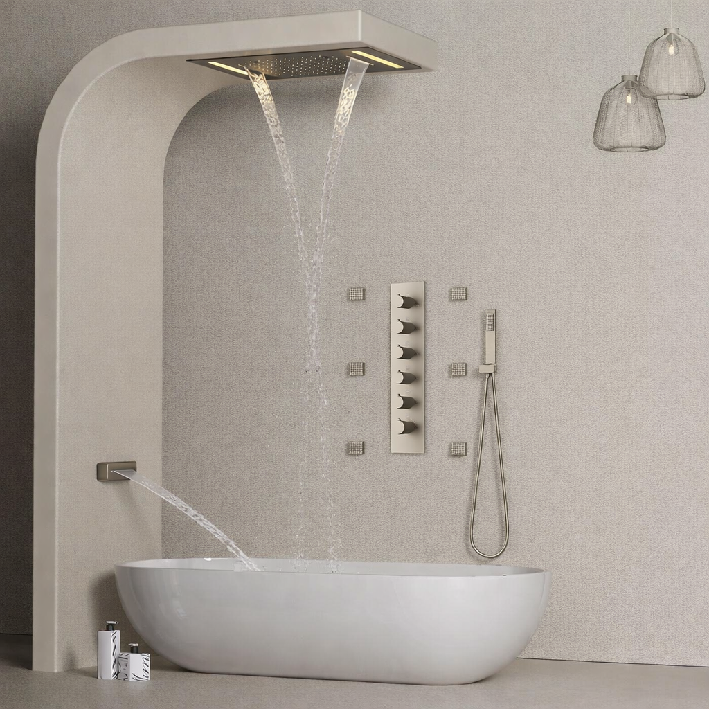 Luxury spa bathroom featuring brushed nickel LED thermostatic shower system with body jets