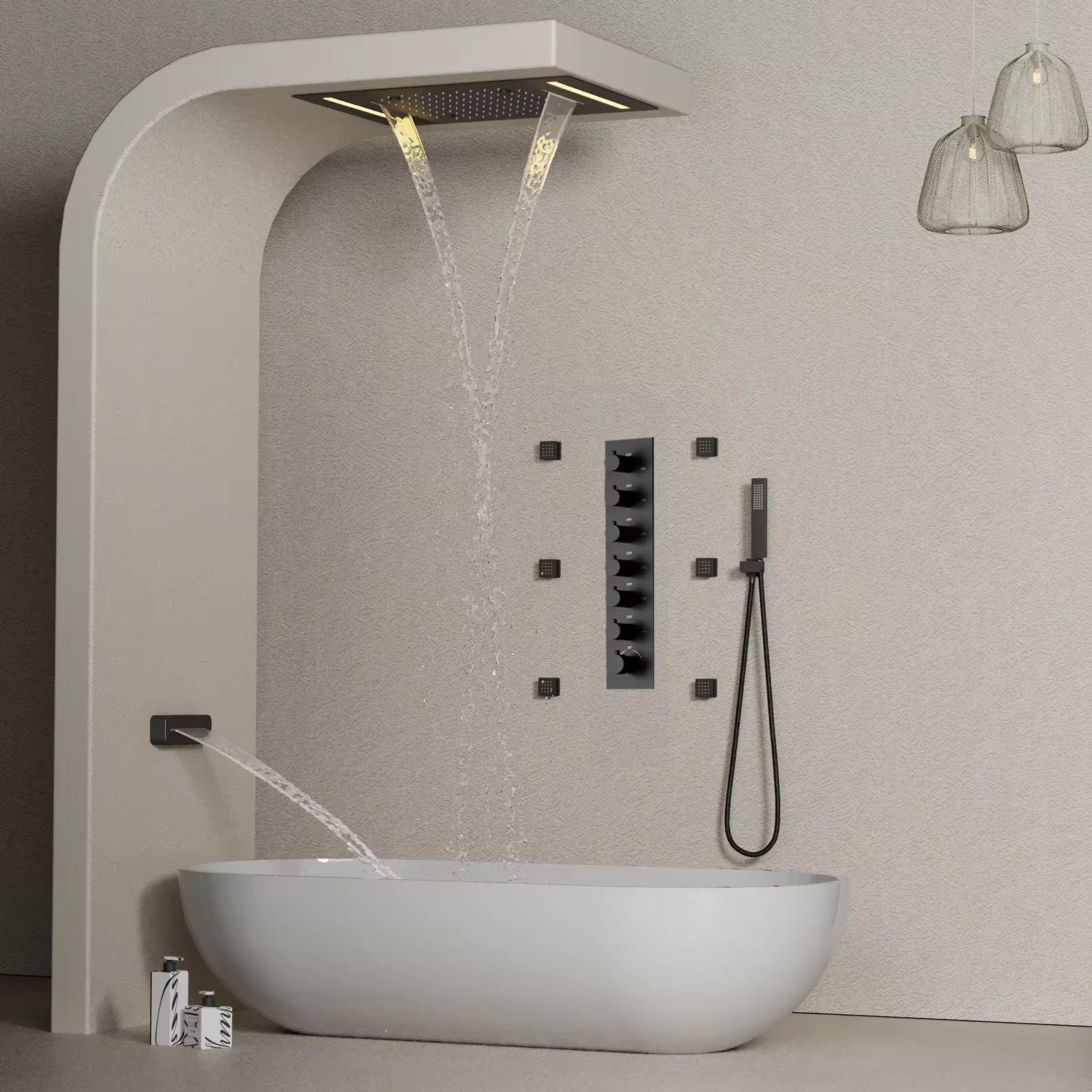 Luxury spa bathroom featuring matte black LED thermostatic shower system with body jets