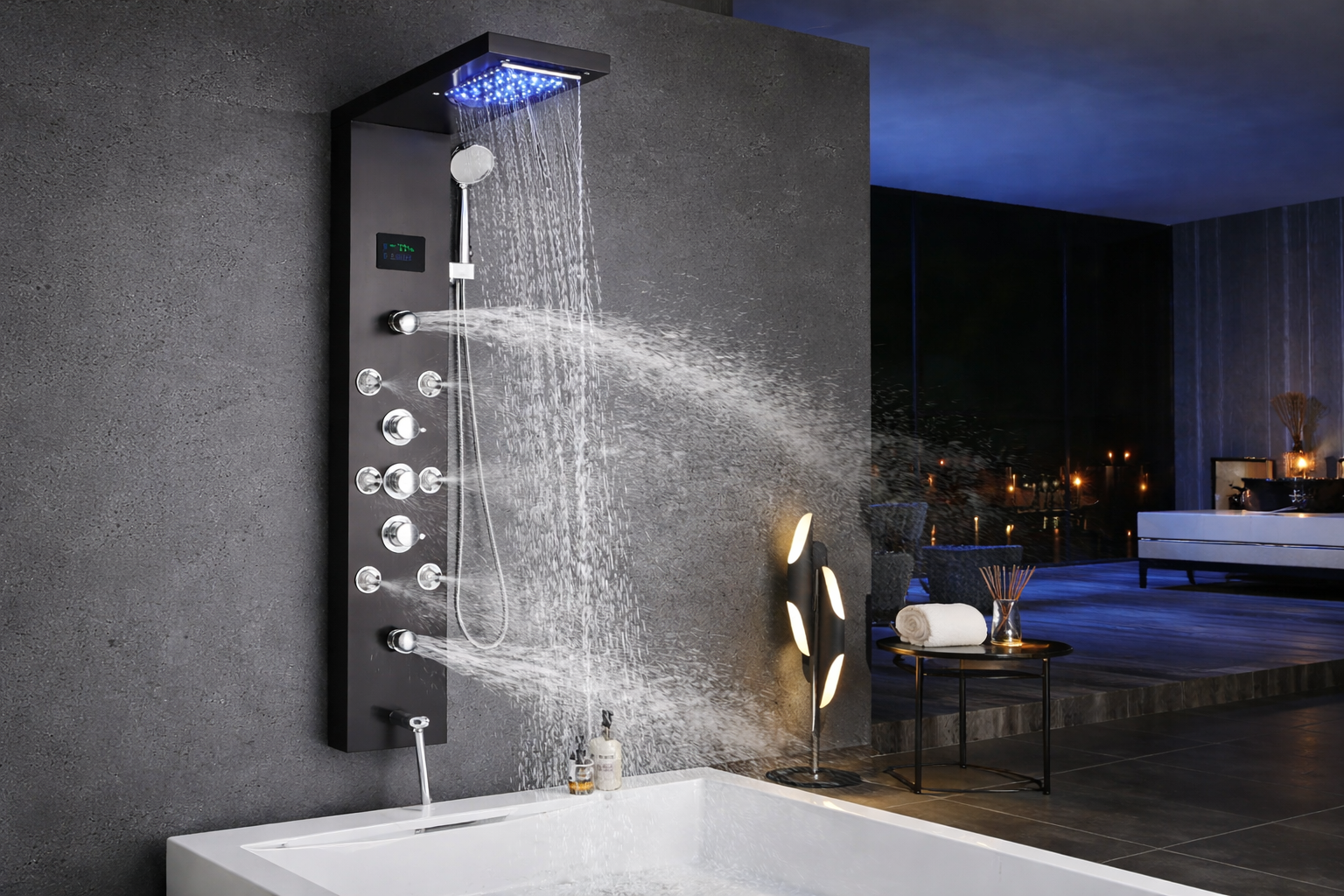 Luxury shower panel system with rainfall shower, handheld spray and body jets for modern bathroom