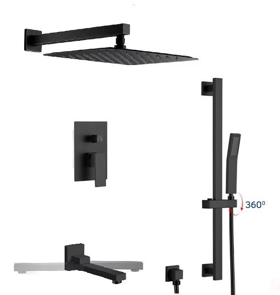 Matte black 3-function shower system with handheld slide bar and pressure balance valve