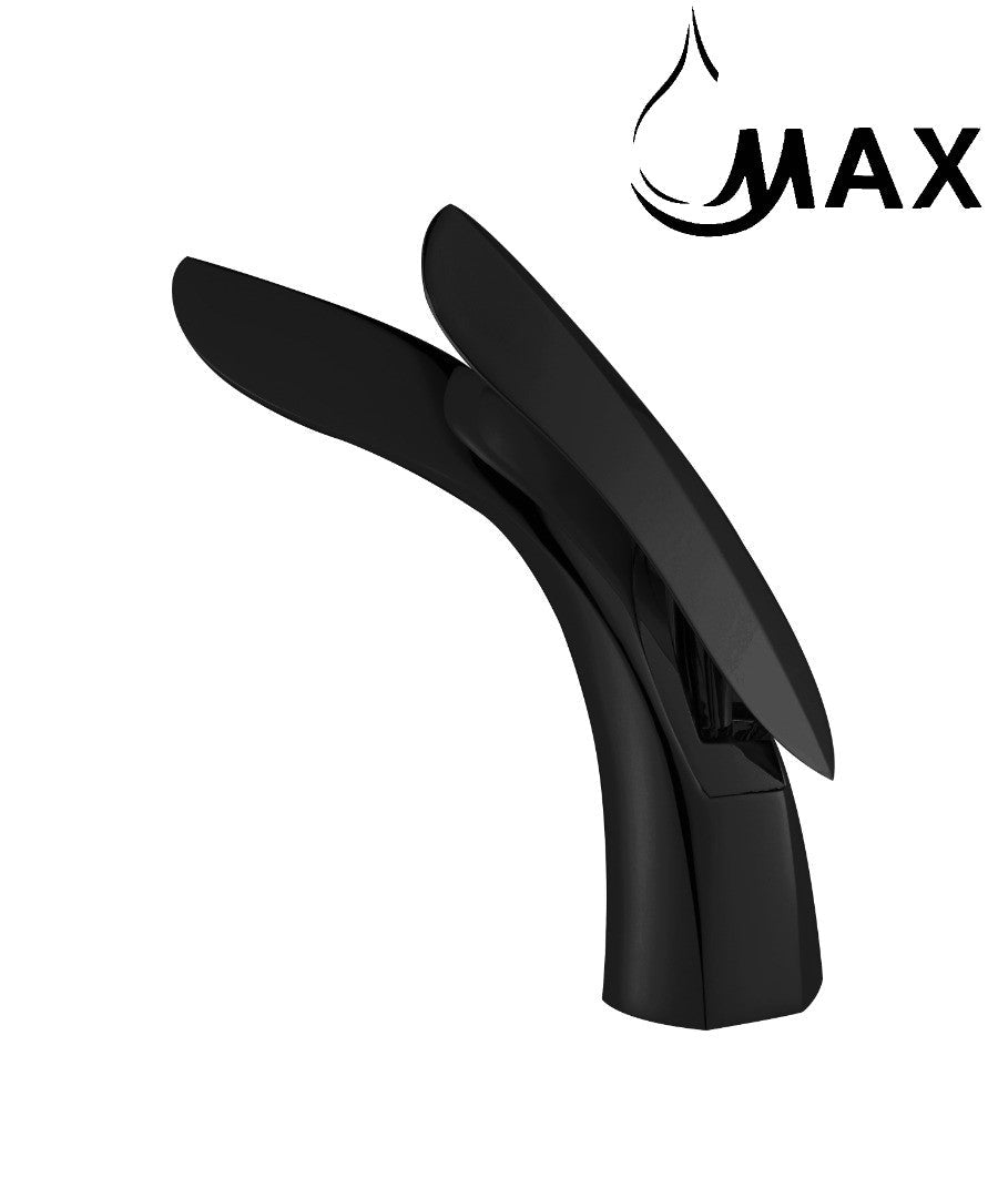 Side view of MAX Faucets matte black single handle bathroom faucet