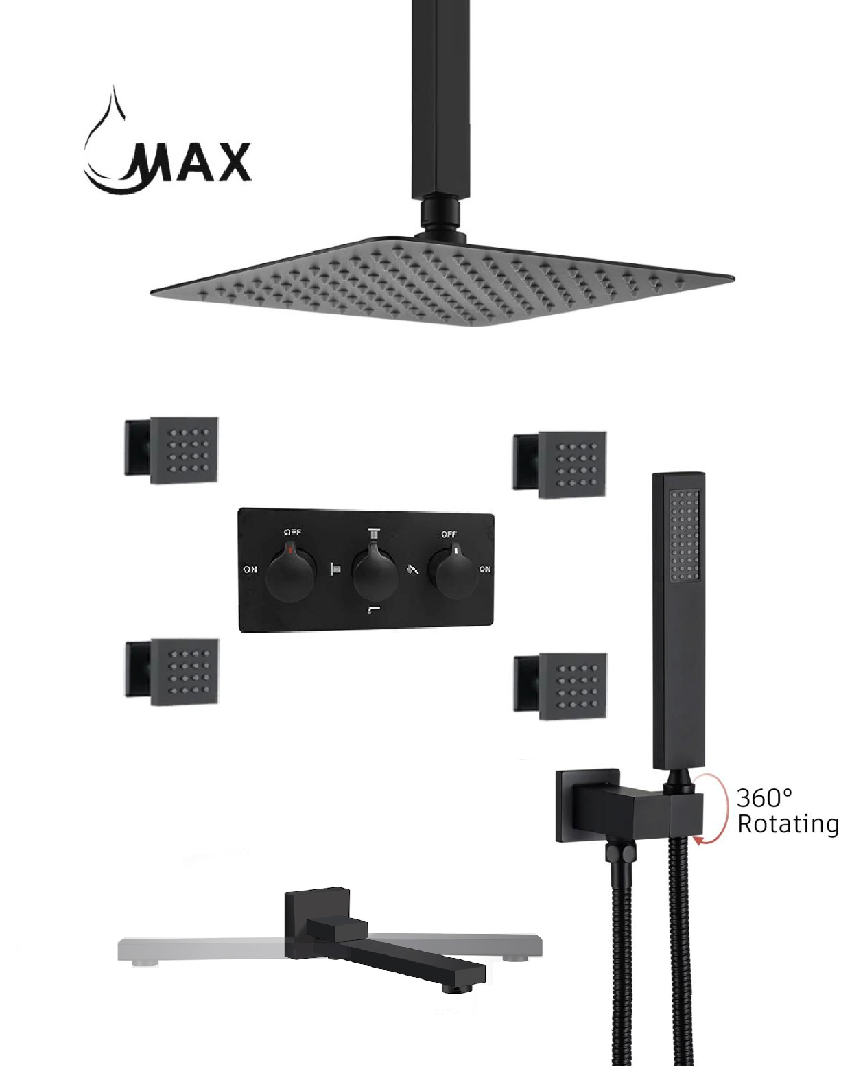 Luxury matte black ceiling rainfall shower system with body jets by MAX Faucets