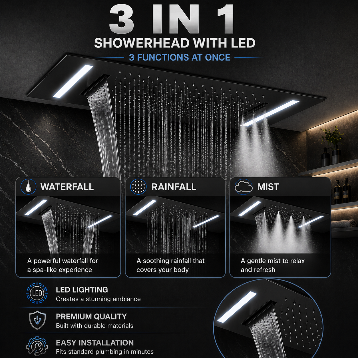 20" x 14" LED Ceiling-Mounted Rainfall, Waterfall & Mist Shower Head with Remote Control – Matte Black