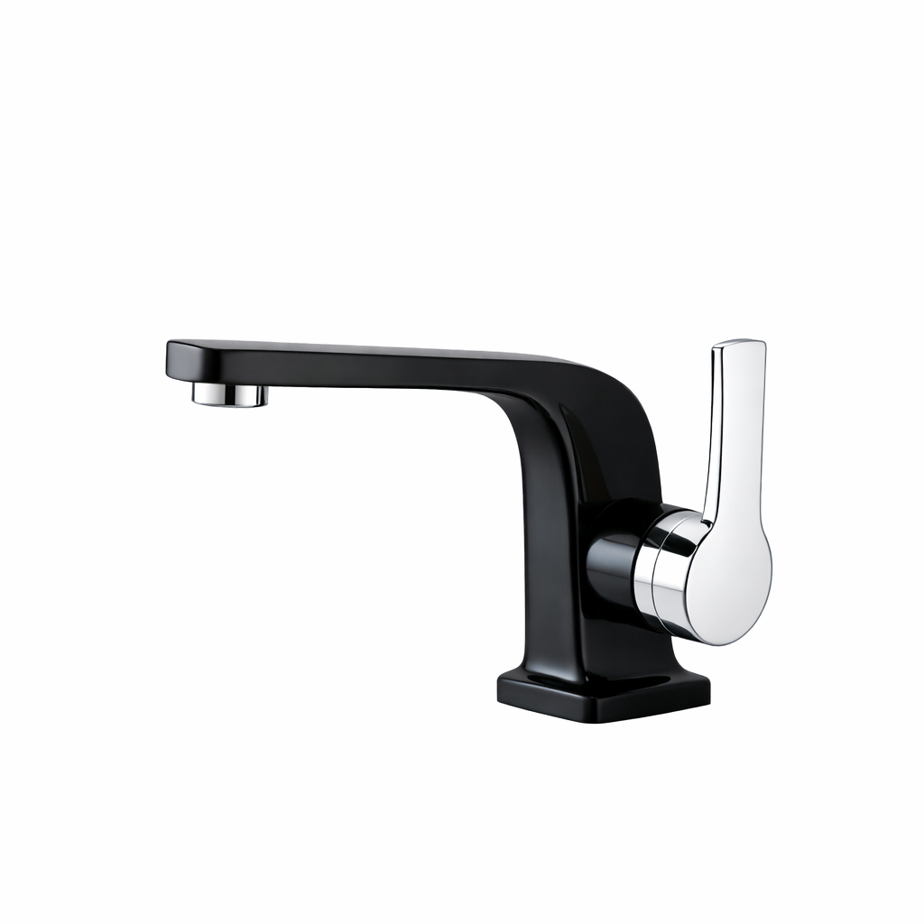 Matte black and chrome bathroom faucet installed on modern vanity by MAX Faucets