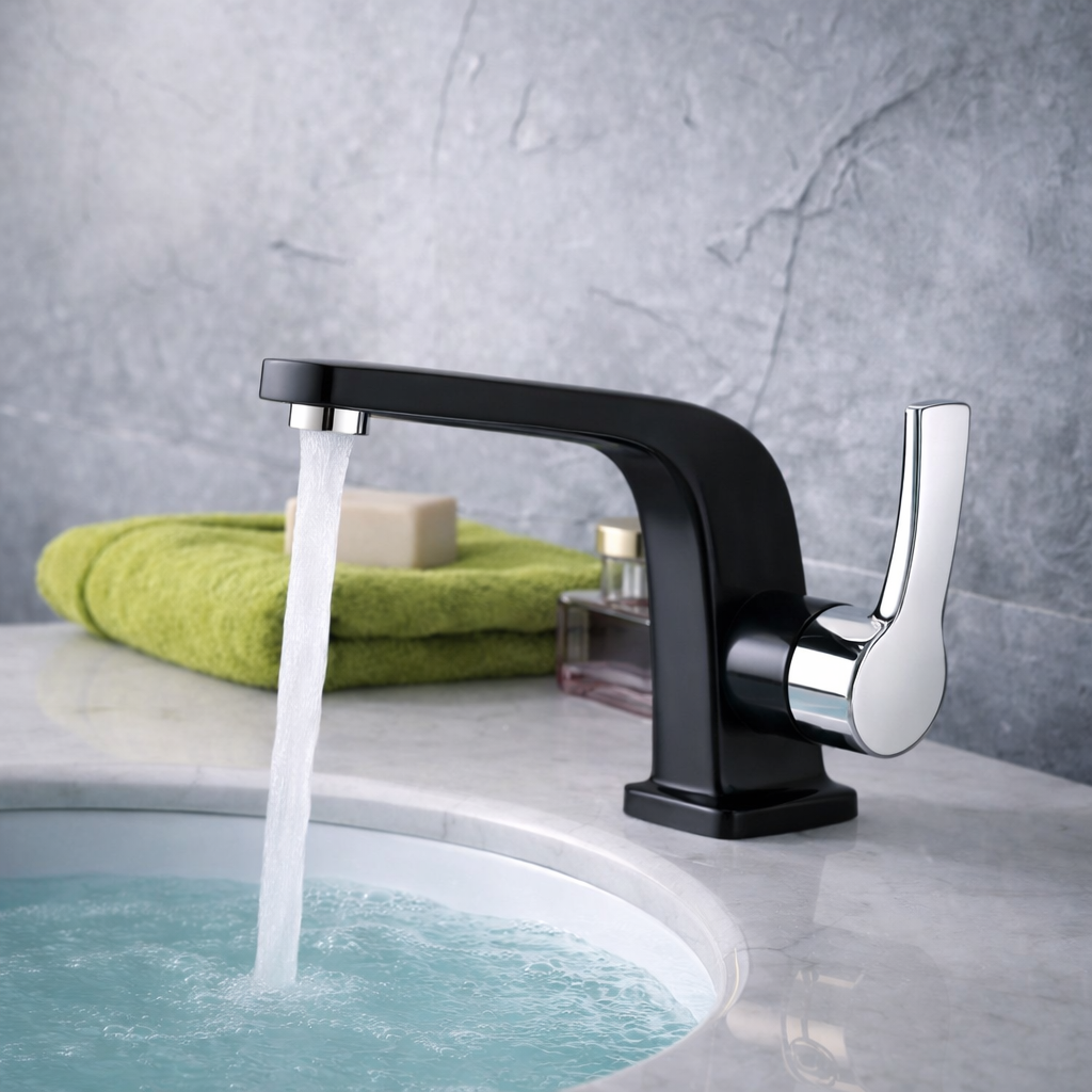 MAX Faucets matte black and chrome bathroom faucet with modern side handle