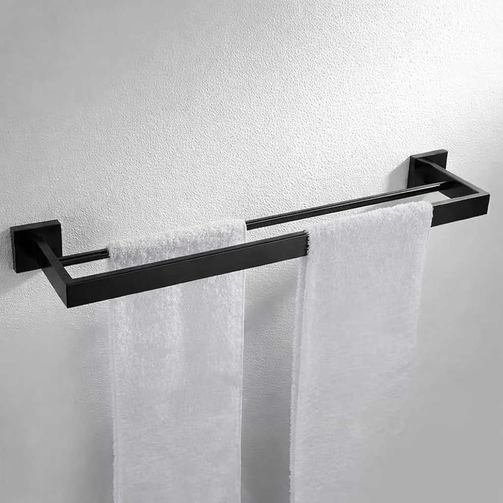 Matte black stainless steel double towel bar, 60cm wall-mounted bathroom towel rack by MAX Faucets holding two white towels