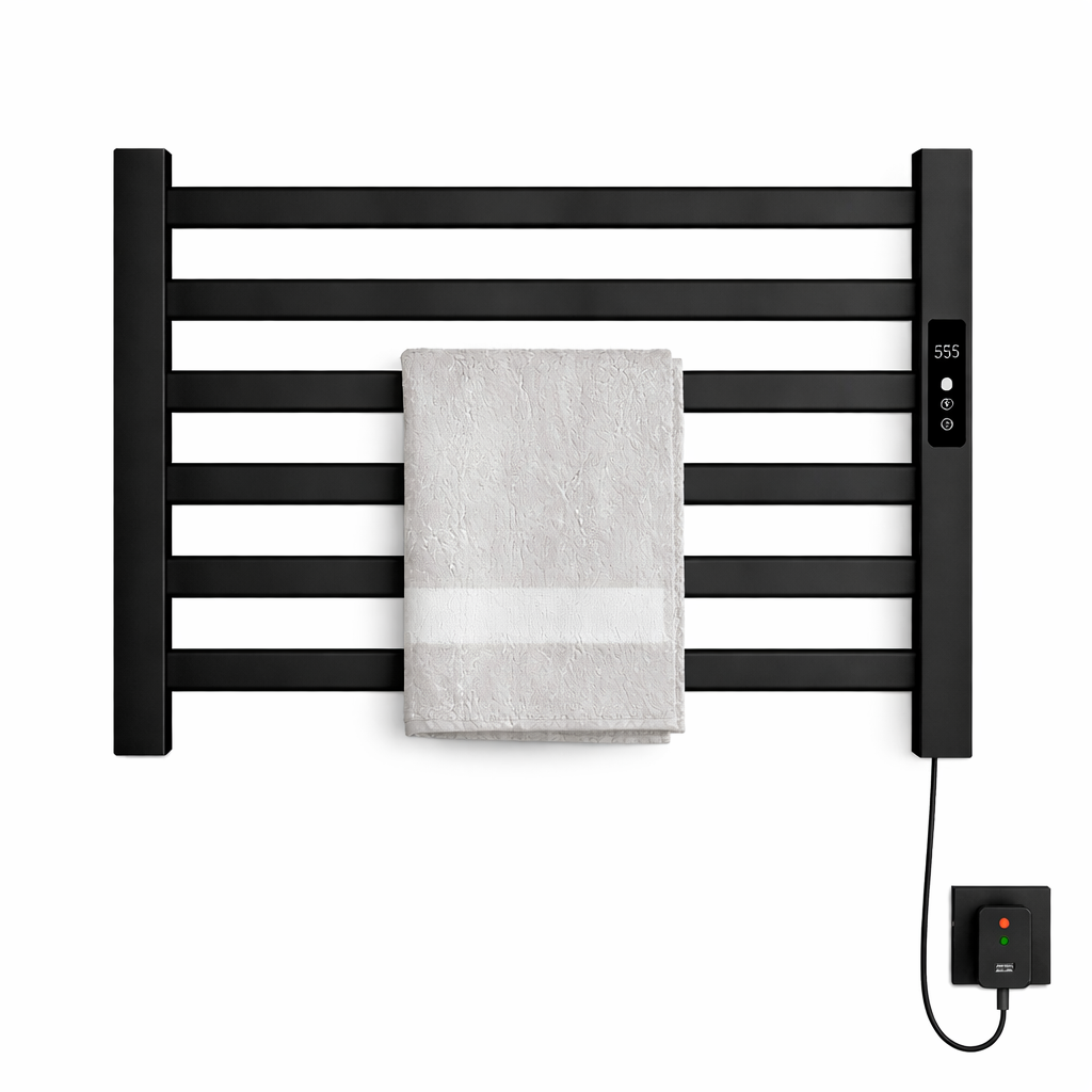 MAX Faucets 6-bar wall-mounted electric towel warmer rack in matte black with digital control, 500x450 mm