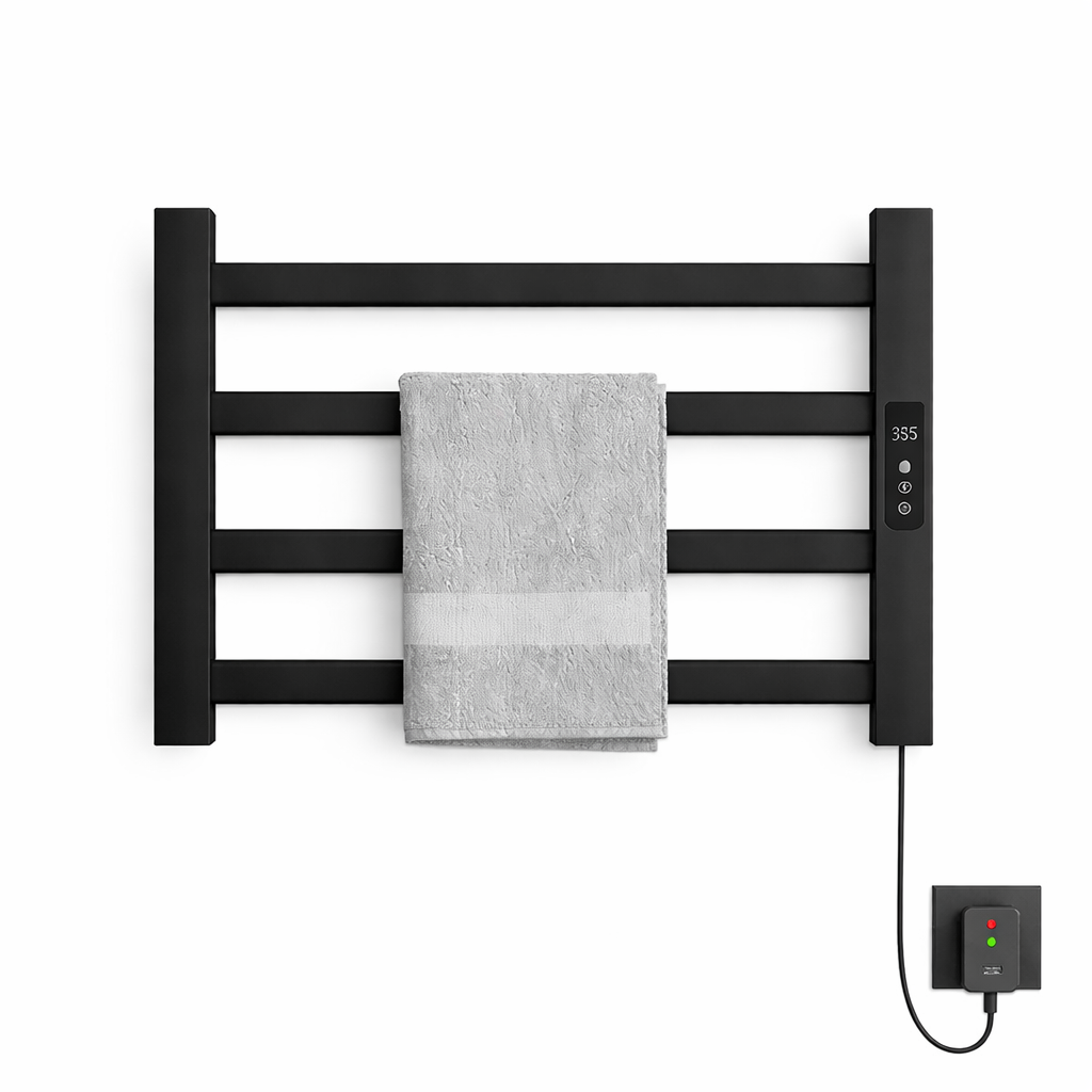 MAX Faucets 4-bar wall-mounted electric towel warmer rack in matte black with digital control and hooks, 580x300 mm