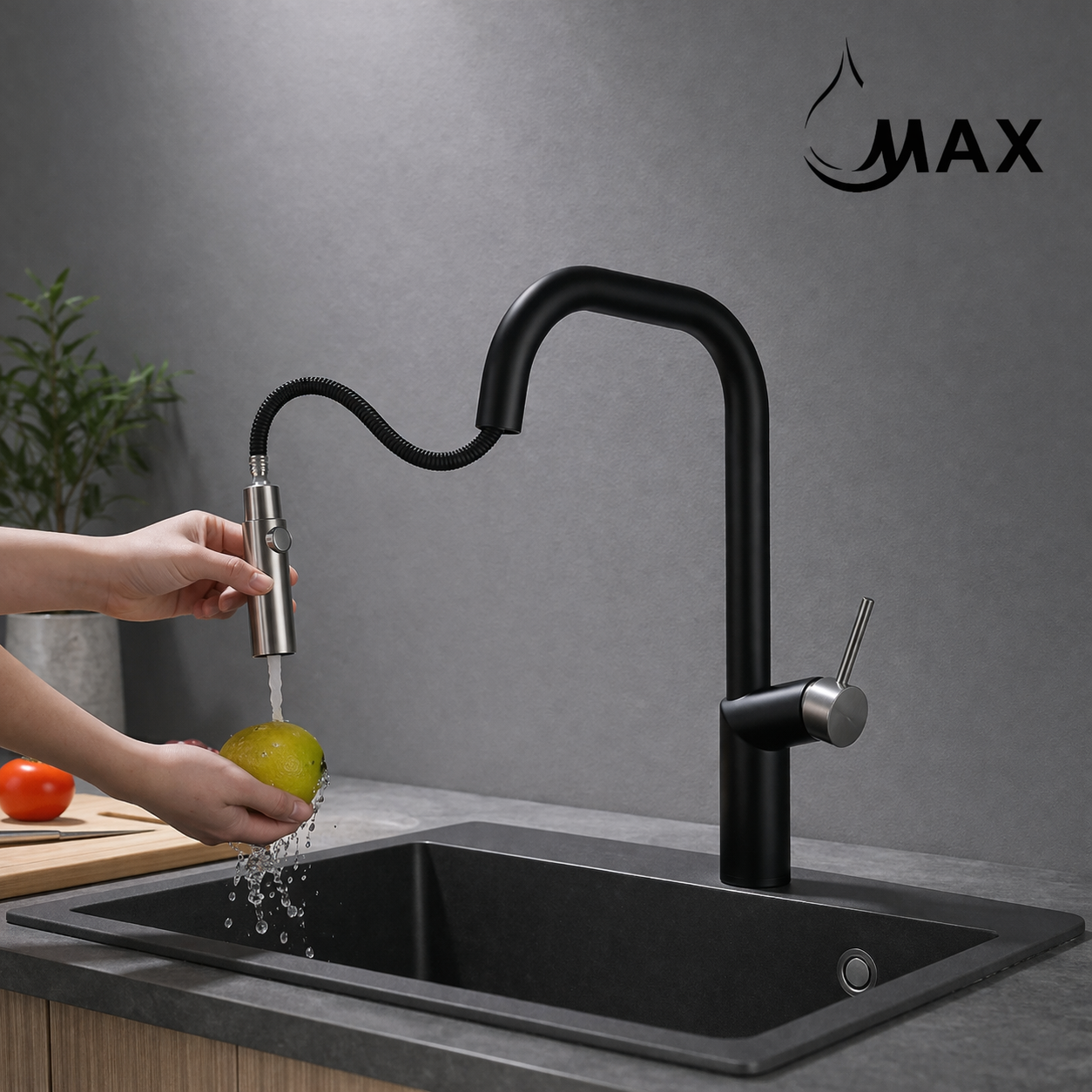 Pull-out kitchen faucet with black finish and brushed nickel details